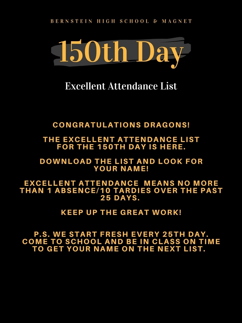 150th Day Excellent Attendance List